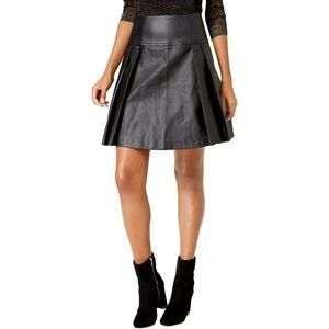 Michael Kors Black Faux Leather Pleated A Line Mini Skirt